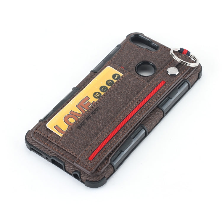 For Huawei Y9 (2018) Cloth Texture + TPU Shockproof Protective Case with Metal Ring & Holder & Card Slots & Hanging Strap