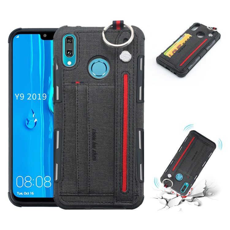 For Huawei Y9 (2019) / Enjoy 9 Plus Cloth Texture + TPU Shockproof Protective Case with Metal Ring & Holder & Card Slots & Hanging Strap