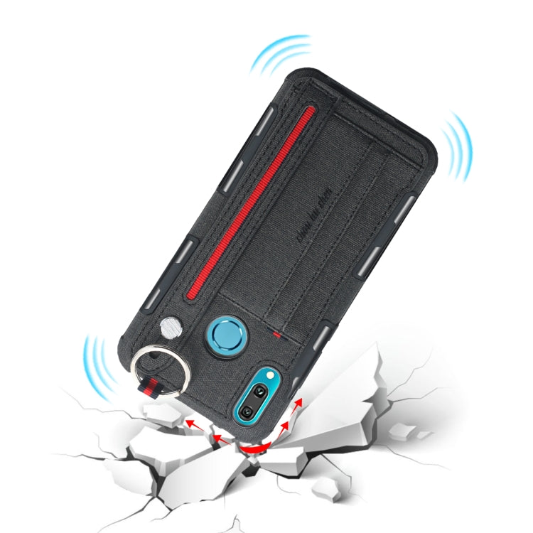 For Huawei Y9 (2019) / Enjoy 9 Plus Cloth Texture + TPU Shockproof Protective Case with Metal Ring & Holder & Card Slots & Hanging Strap
