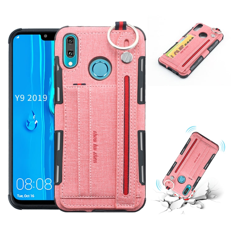 For Huawei Y9 (2019) / Enjoy 9 Plus Cloth Texture + TPU Shockproof Protective Case with Metal Ring & Holder & Card Slots & Hanging Strap