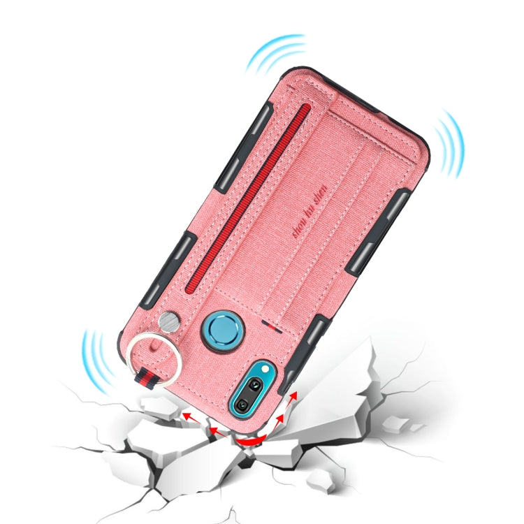 For Huawei Y9 (2019) / Enjoy 9 Plus Cloth Texture + TPU Shockproof Protective Case with Metal Ring & Holder & Card Slots & Hanging Strap