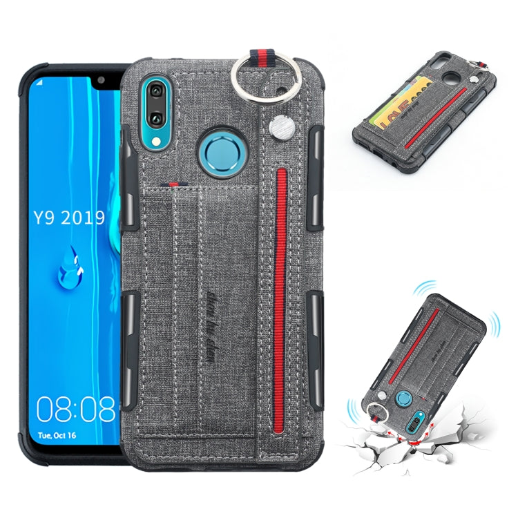For Huawei Y9 (2019) / Enjoy 9 Plus Cloth Texture + TPU Shockproof Protective Case with Metal Ring & Holder & Card Slots & Hanging Strap