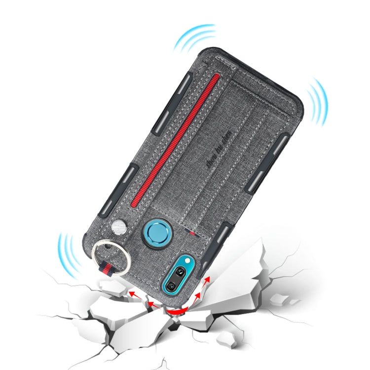 For Huawei Y9 (2019) / Enjoy 9 Plus Cloth Texture + TPU Shockproof Protective Case with Metal Ring & Holder & Card Slots & Hanging Strap