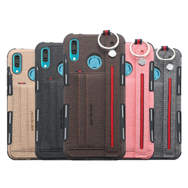 For Huawei Y9 (2019) / Enjoy 9 Plus Cloth Texture + TPU Shockproof Protective Case with Metal Ring & Holder & Card Slots & Hanging Strap
