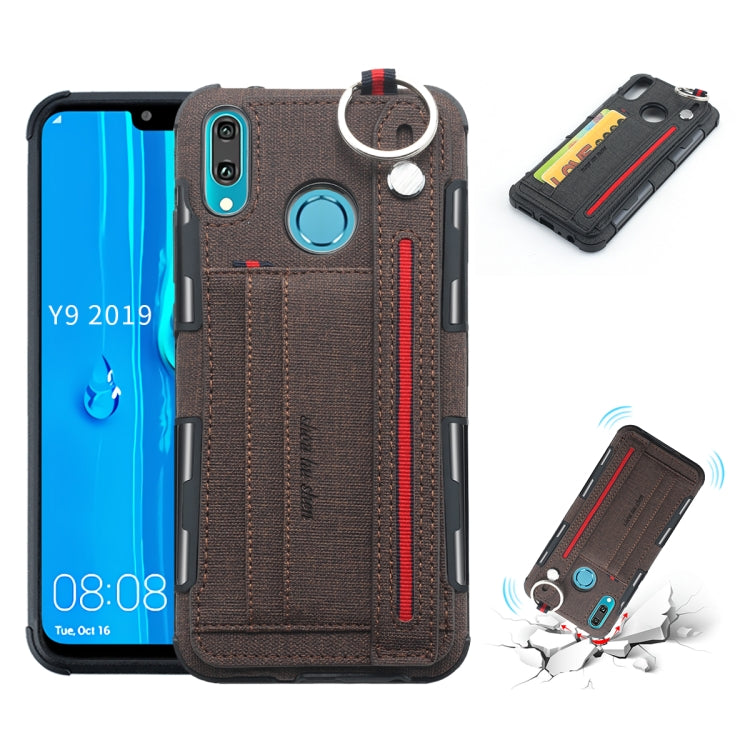 For Huawei Y9 (2019) / Enjoy 9 Plus Cloth Texture + TPU Shockproof Protective Case with Metal Ring & Holder & Card Slots & Hanging Strap