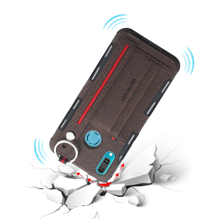 For Huawei Y9 (2019) / Enjoy 9 Plus Cloth Texture + TPU Shockproof Protective Case with Metal Ring & Holder & Card Slots & Hanging Strap