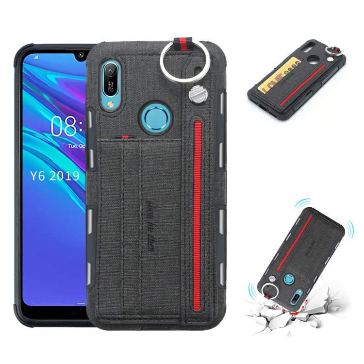 For Huawei Y6 (2019) Cloth Texture + TPU Shockproof Protective Case with Metal Ring & Holder & Card Slots & Hanging Strap