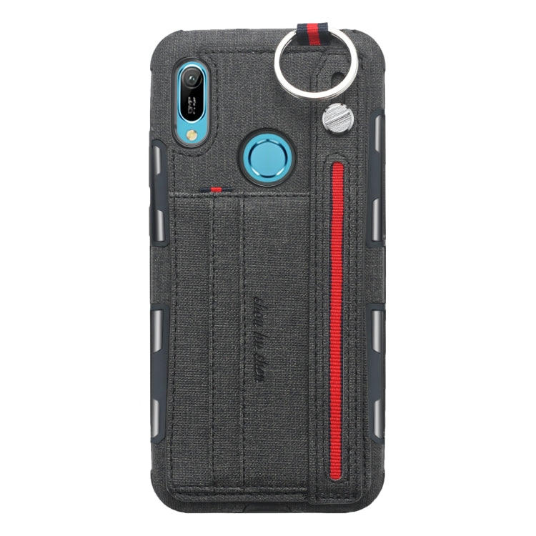 For Huawei Y6 (2019) Cloth Texture + TPU Shockproof Protective Case with Metal Ring & Holder & Card Slots & Hanging Strap