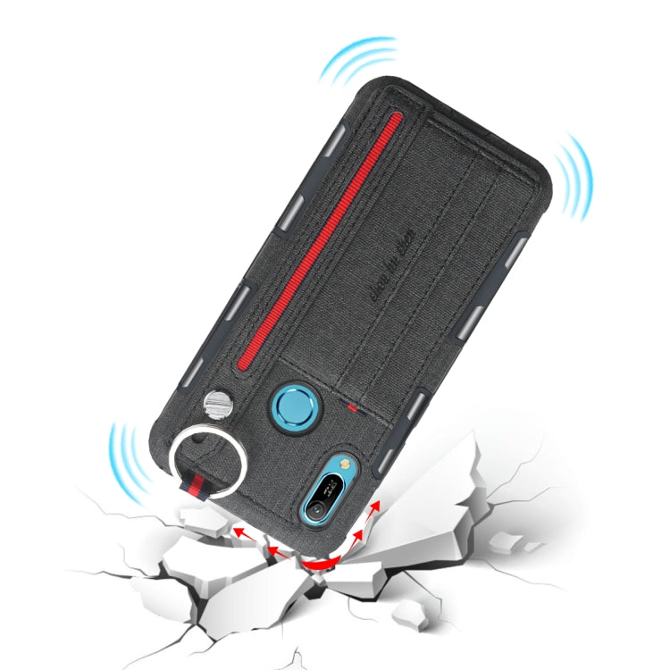 For Huawei Y6 (2019) Cloth Texture + TPU Shockproof Protective Case with Metal Ring & Holder & Card Slots & Hanging Strap