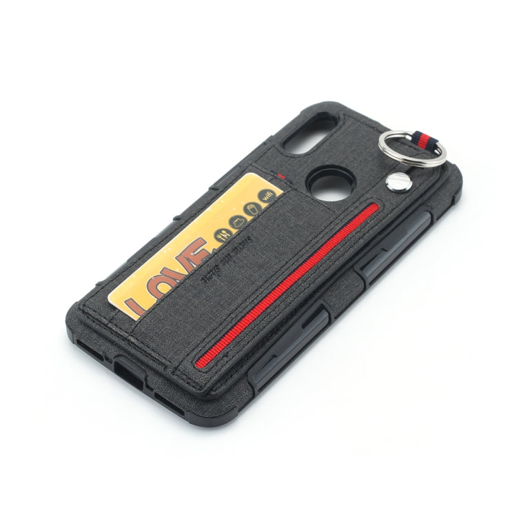 For Huawei Y6 (2019) Cloth Texture + TPU Shockproof Protective Case with Metal Ring & Holder & Card Slots & Hanging Strap