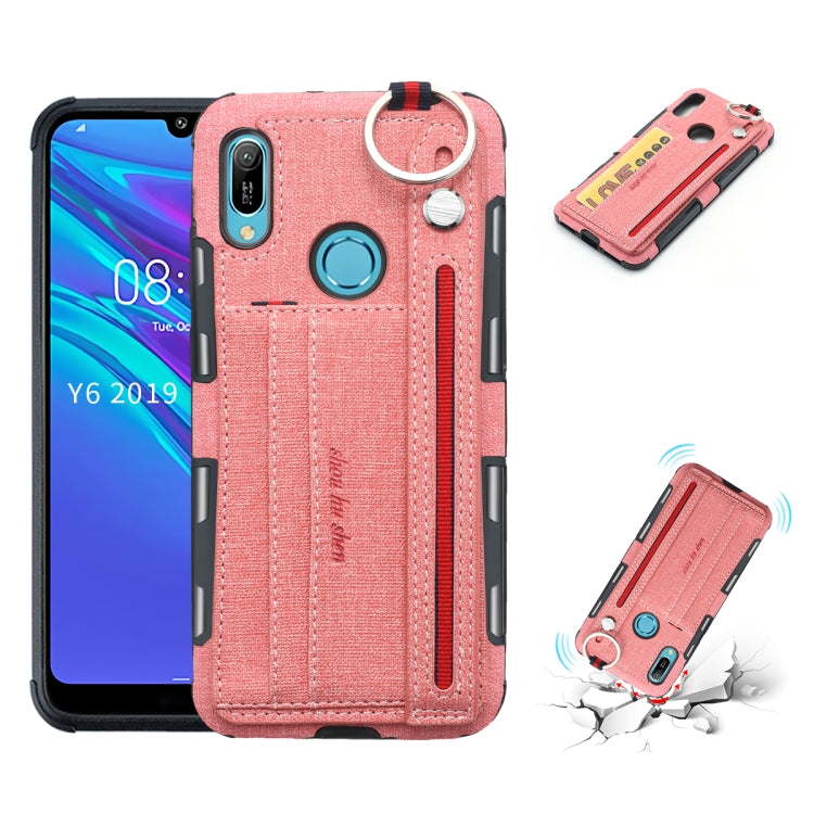 For Huawei Y6 (2019) Cloth Texture + TPU Shockproof Protective Case with Metal Ring & Holder & Card Slots & Hanging Strap