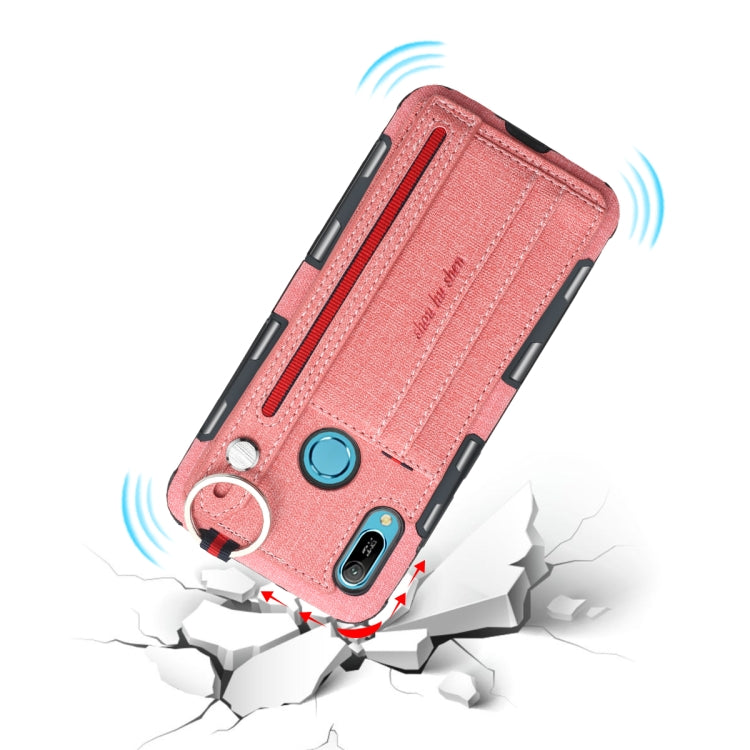 For Huawei Y6 (2019) Cloth Texture + TPU Shockproof Protective Case with Metal Ring & Holder & Card Slots & Hanging Strap