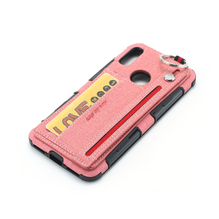 For Huawei Y6 (2019) Cloth Texture + TPU Shockproof Protective Case with Metal Ring & Holder & Card Slots & Hanging Strap