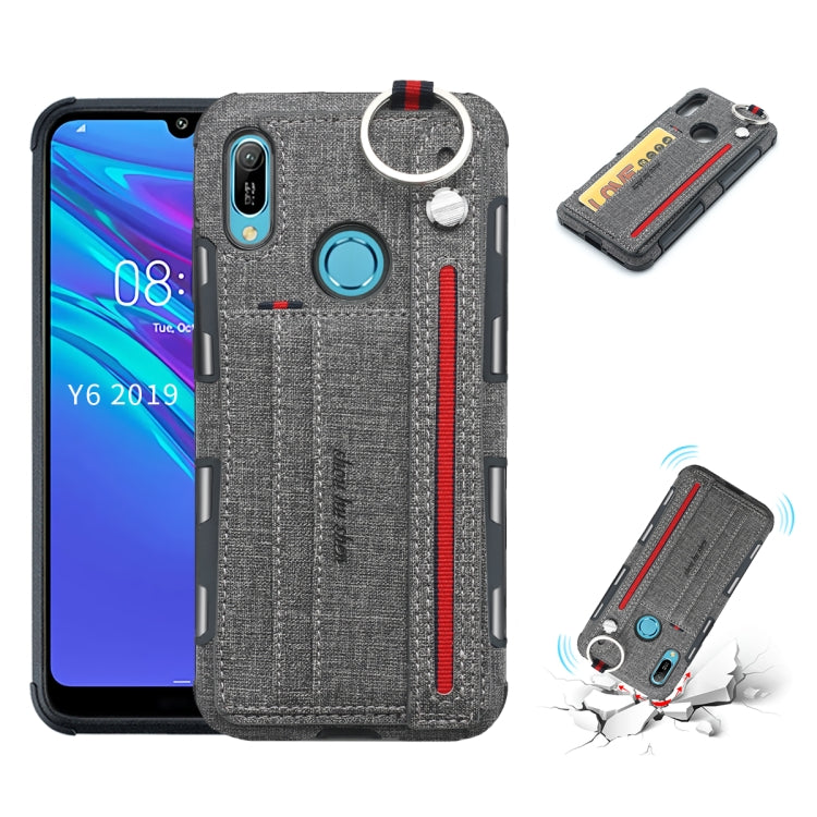 For Huawei Y6 (2019) Cloth Texture + TPU Shockproof Protective Case with Metal Ring & Holder & Card Slots & Hanging Strap