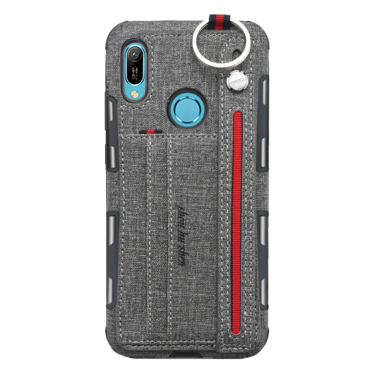 For Huawei Y6 (2019) Cloth Texture + TPU Shockproof Protective Case with Metal Ring & Holder & Card Slots & Hanging Strap