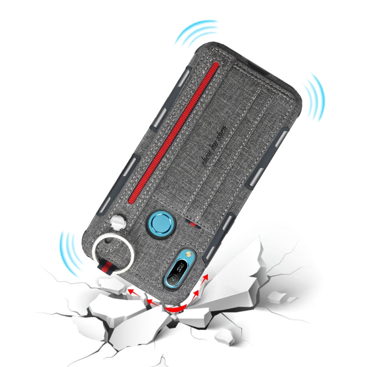 For Huawei Y6 (2019) Cloth Texture + TPU Shockproof Protective Case with Metal Ring & Holder & Card Slots & Hanging Strap