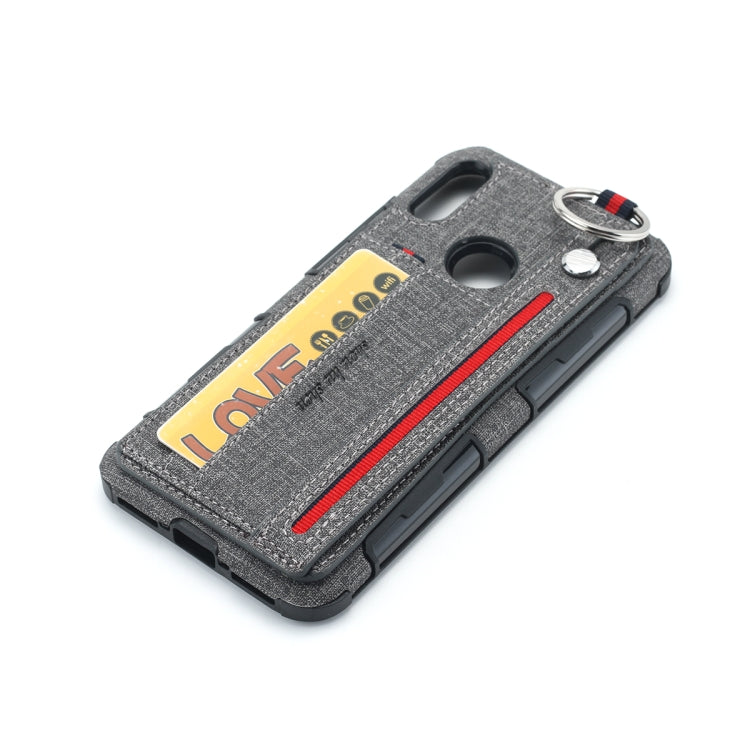 For Huawei Y6 (2019) Cloth Texture + TPU Shockproof Protective Case with Metal Ring & Holder & Card Slots & Hanging Strap