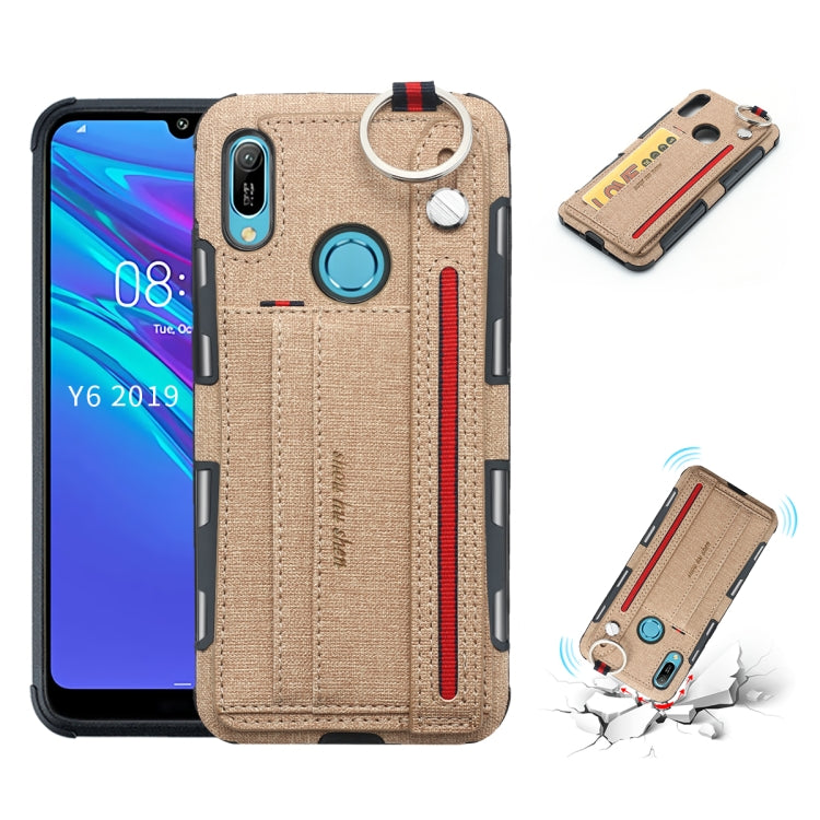 For Huawei Y6 (2019) Cloth Texture + TPU Shockproof Protective Case with Metal Ring & Holder & Card Slots & Hanging Strap