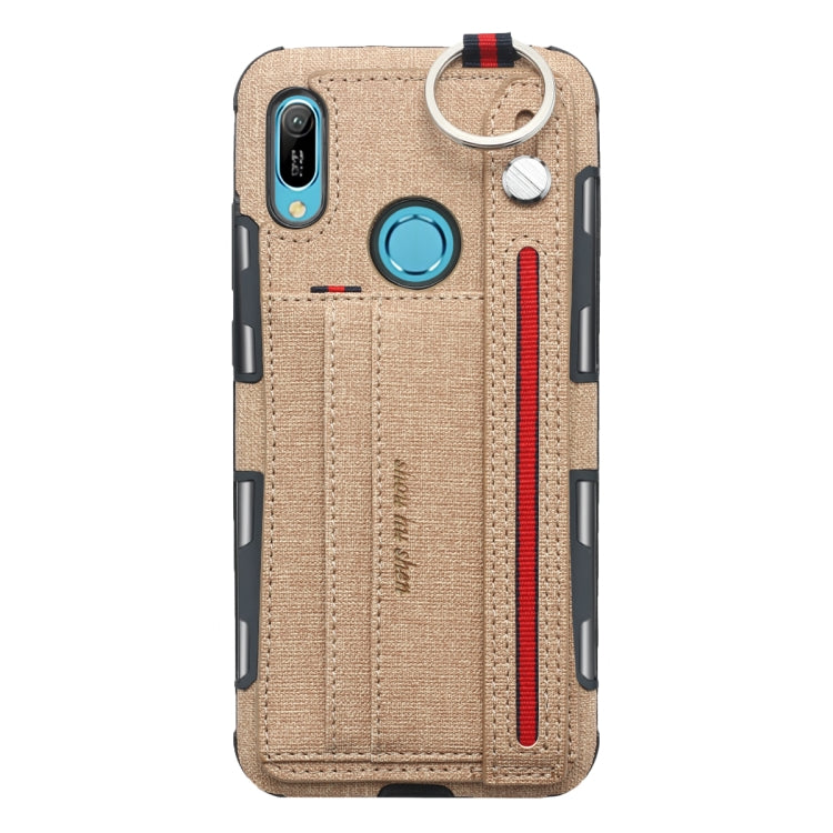 For Huawei Y6 (2019) Cloth Texture + TPU Shockproof Protective Case with Metal Ring & Holder & Card Slots & Hanging Strap