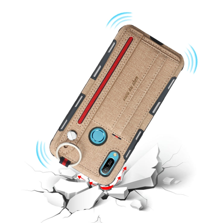 For Huawei Y6 (2019) Cloth Texture + TPU Shockproof Protective Case with Metal Ring & Holder & Card Slots & Hanging Strap