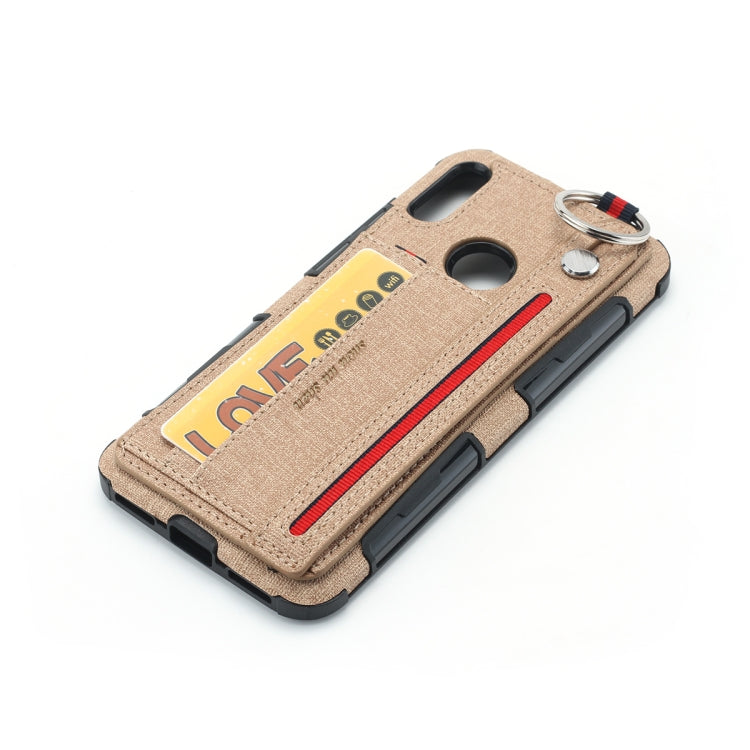 For Huawei Y6 (2019) Cloth Texture + TPU Shockproof Protective Case with Metal Ring & Holder & Card Slots & Hanging Strap