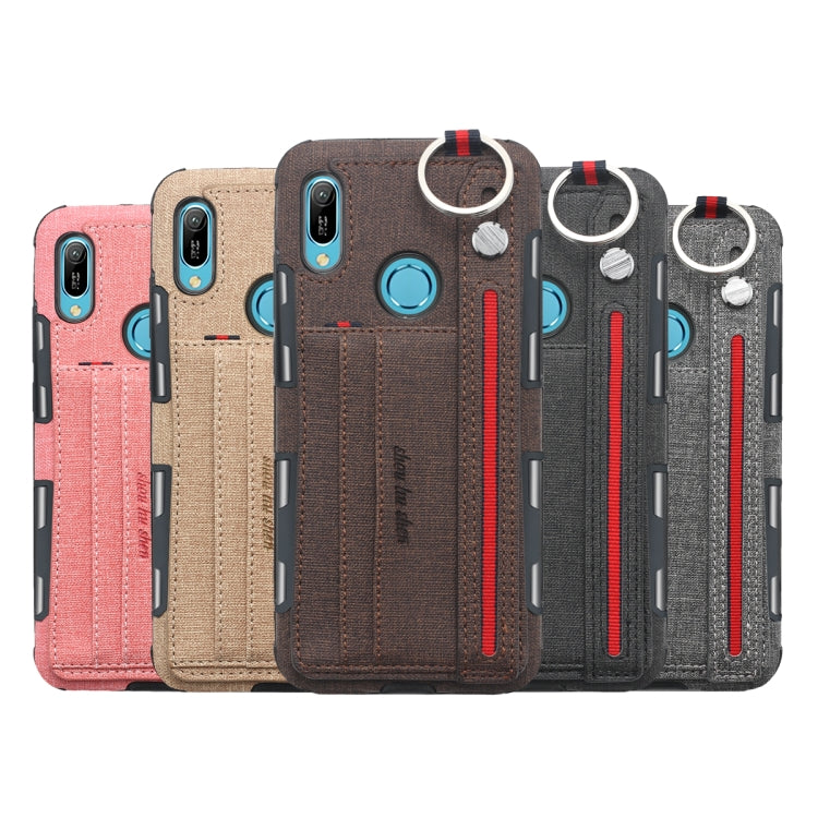 For Huawei Y6 (2019) Cloth Texture + TPU Shockproof Protective Case with Metal Ring & Holder & Card Slots & Hanging Strap