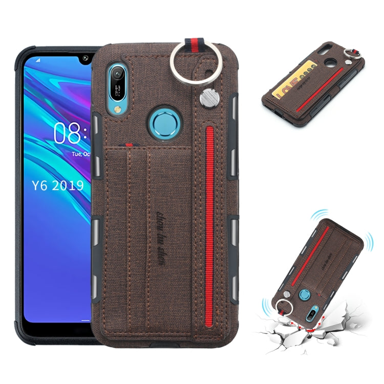 For Huawei Y6 (2019) Cloth Texture + TPU Shockproof Protective Case with Metal Ring & Holder & Card Slots & Hanging Strap