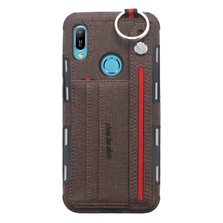 For Huawei Y6 (2019) Cloth Texture + TPU Shockproof Protective Case with Metal Ring & Holder & Card Slots & Hanging Strap