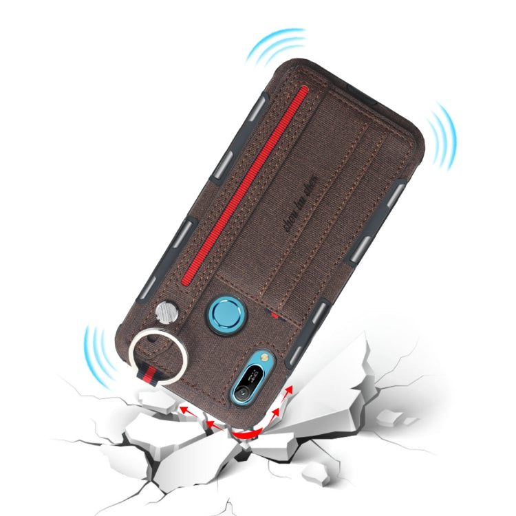 For Huawei Y6 (2019) Cloth Texture + TPU Shockproof Protective Case with Metal Ring & Holder & Card Slots & Hanging Strap