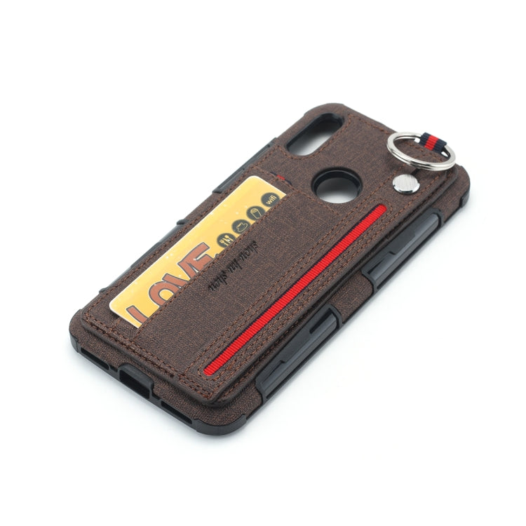 For Huawei Y6 (2019) Cloth Texture + TPU Shockproof Protective Case with Metal Ring & Holder & Card Slots & Hanging Strap