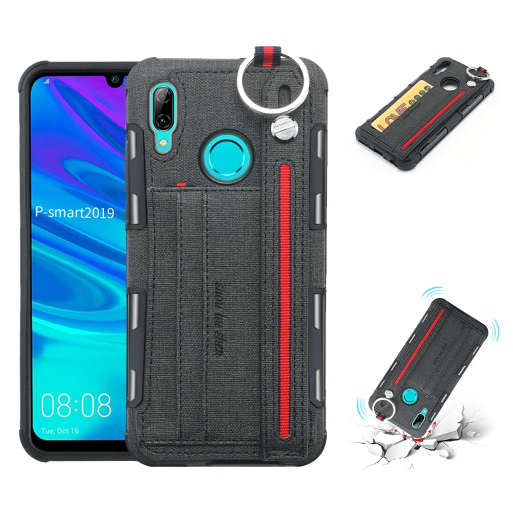 For Huawei P Smart (2019) Cloth Texture + TPU Shockproof Protective Case with Metal Ring & Holder & Card Slots & Hanging Strap