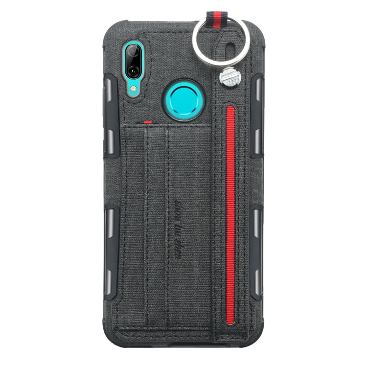 For Huawei P Smart (2019) Cloth Texture + TPU Shockproof Protective Case with Metal Ring & Holder & Card Slots & Hanging Strap