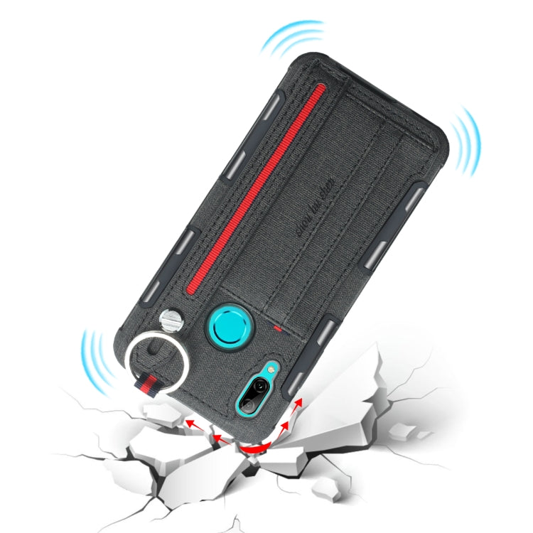 For Huawei P Smart (2019) Cloth Texture + TPU Shockproof Protective Case with Metal Ring & Holder & Card Slots & Hanging Strap