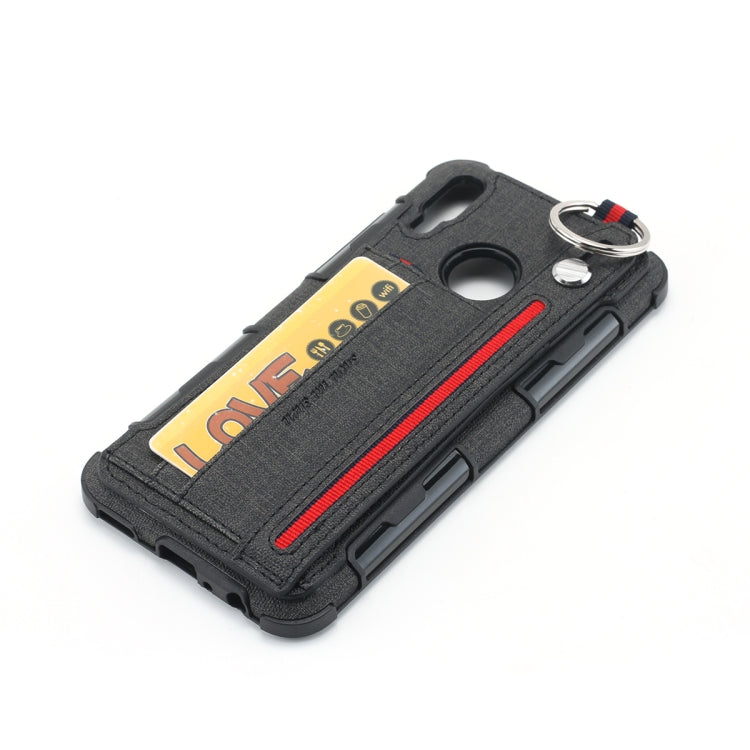 For Huawei P Smart (2019) Cloth Texture + TPU Shockproof Protective Case with Metal Ring & Holder & Card Slots & Hanging Strap
