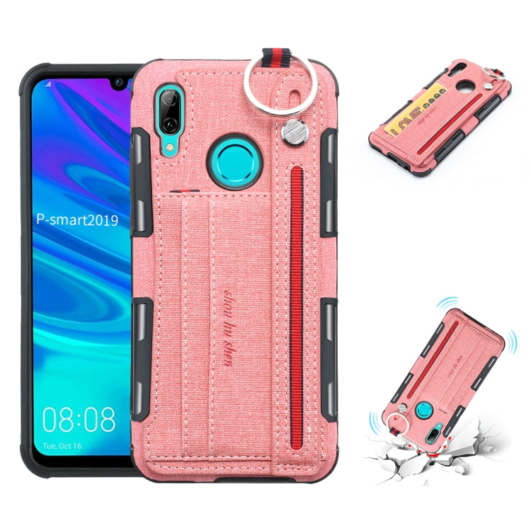 For Huawei P Smart (2019) Cloth Texture + TPU Shockproof Protective Case with Metal Ring & Holder & Card Slots & Hanging Strap
