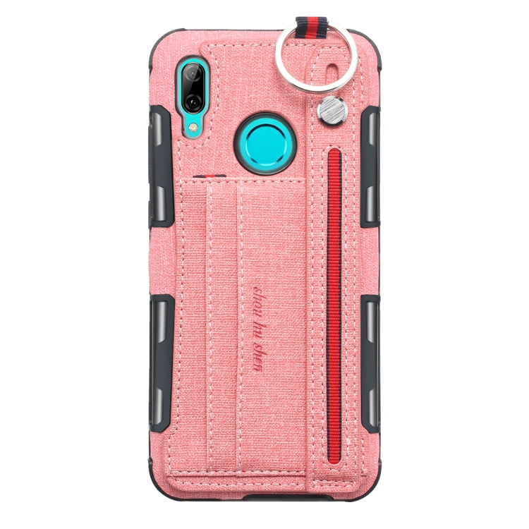 For Huawei P Smart (2019) Cloth Texture + TPU Shockproof Protective Case with Metal Ring & Holder & Card Slots & Hanging Strap
