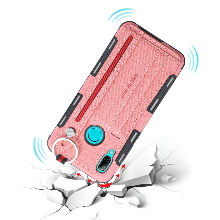 For Huawei P Smart (2019) Cloth Texture + TPU Shockproof Protective Case with Metal Ring & Holder & Card Slots & Hanging Strap