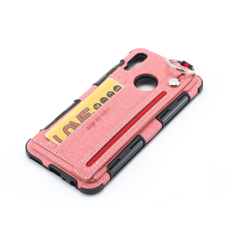 For Huawei P Smart (2019) Cloth Texture + TPU Shockproof Protective Case with Metal Ring & Holder & Card Slots & Hanging Strap