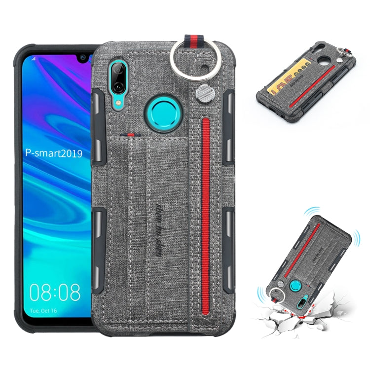 For Huawei P Smart (2019) Cloth Texture + TPU Shockproof Protective Case with Metal Ring & Holder & Card Slots & Hanging Strap