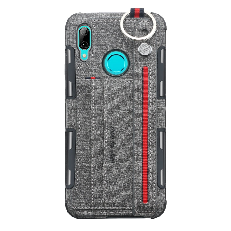 For Huawei P Smart (2019) Cloth Texture + TPU Shockproof Protective Case with Metal Ring & Holder & Card Slots & Hanging Strap