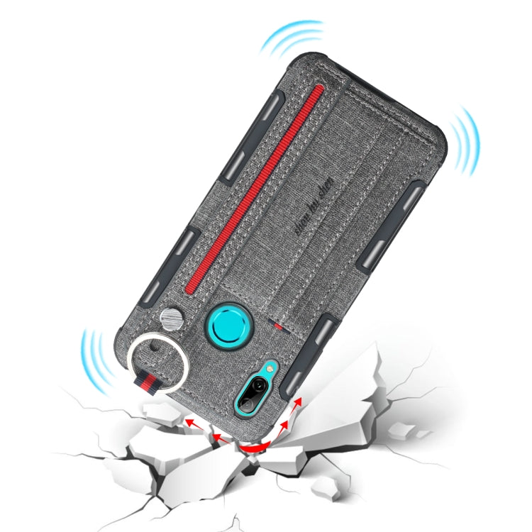 For Huawei P Smart (2019) Cloth Texture + TPU Shockproof Protective Case with Metal Ring & Holder & Card Slots & Hanging Strap