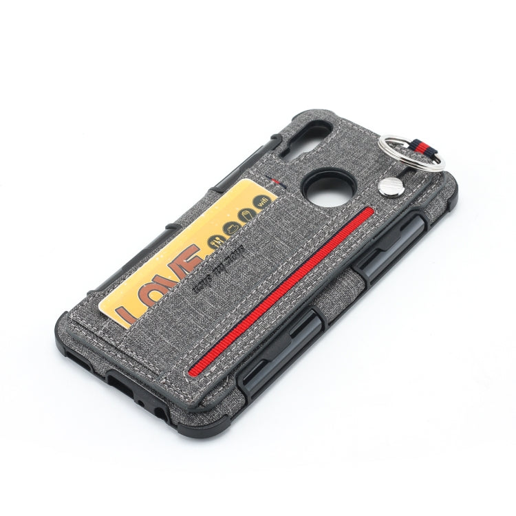 For Huawei P Smart (2019) Cloth Texture + TPU Shockproof Protective Case with Metal Ring & Holder & Card Slots & Hanging Strap