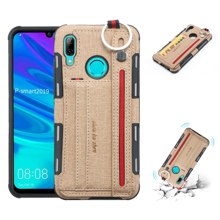 For Huawei P Smart (2019) Cloth Texture + TPU Shockproof Protective Case with Metal Ring & Holder & Card Slots & Hanging Strap