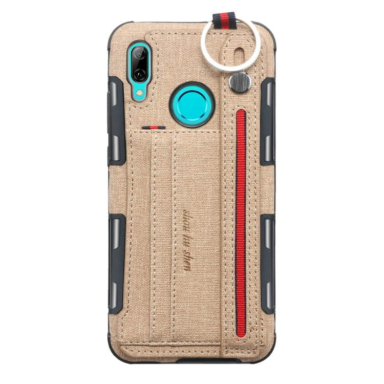 For Huawei P Smart (2019) Cloth Texture + TPU Shockproof Protective Case with Metal Ring & Holder & Card Slots & Hanging Strap