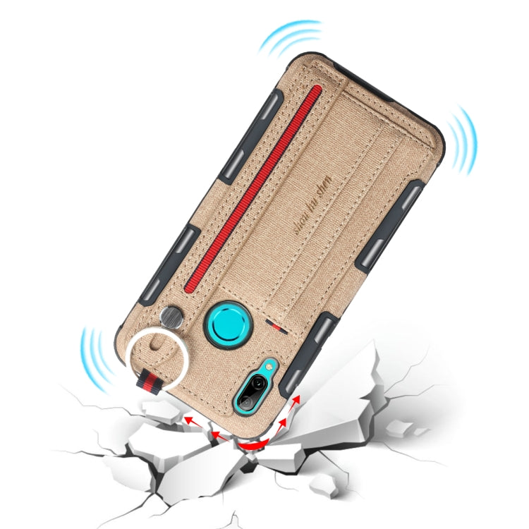 For Huawei P Smart (2019) Cloth Texture + TPU Shockproof Protective Case with Metal Ring & Holder & Card Slots & Hanging Strap