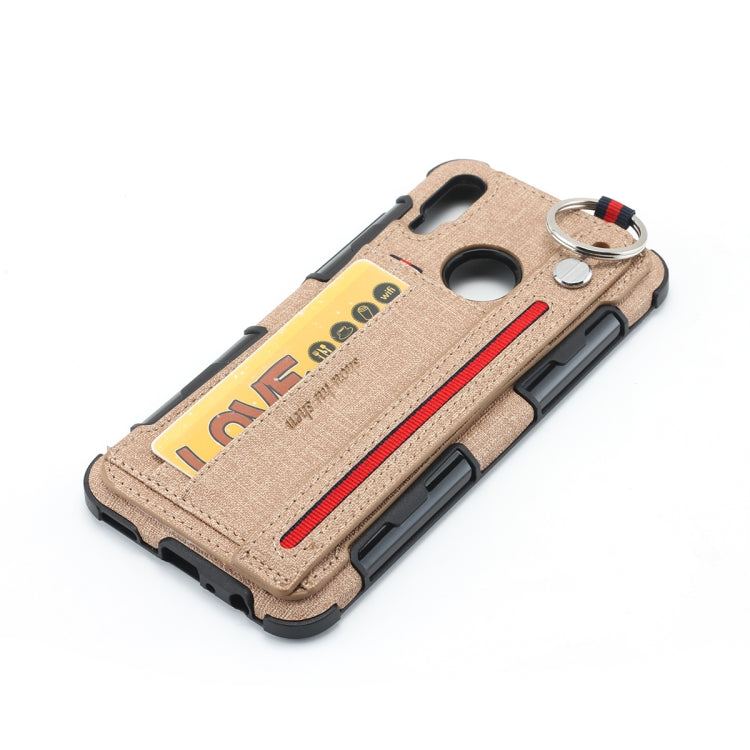 For Huawei P Smart (2019) Cloth Texture + TPU Shockproof Protective Case with Metal Ring & Holder & Card Slots & Hanging Strap