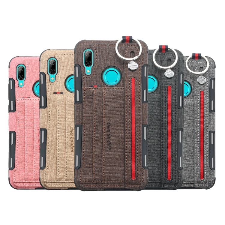 For Huawei P Smart (2019) Cloth Texture + TPU Shockproof Protective Case with Metal Ring & Holder & Card Slots & Hanging Strap