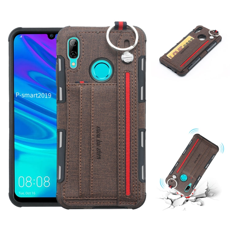 For Huawei P Smart (2019) Cloth Texture + TPU Shockproof Protective Case with Metal Ring & Holder & Card Slots & Hanging Strap