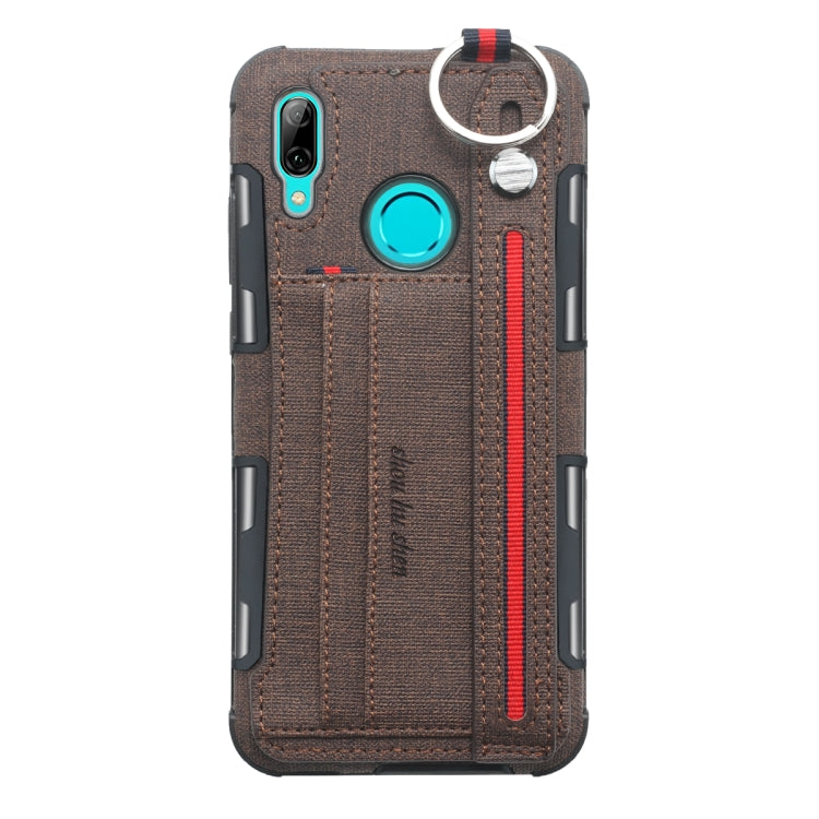 For Huawei P Smart (2019) Cloth Texture + TPU Shockproof Protective Case with Metal Ring & Holder & Card Slots & Hanging Strap