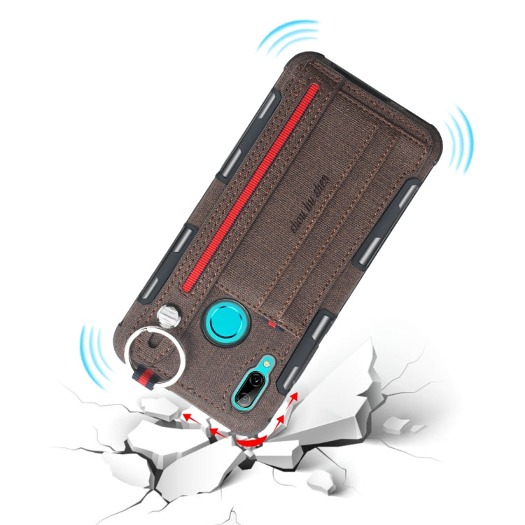 For Huawei P Smart (2019) Cloth Texture + TPU Shockproof Protective Case with Metal Ring & Holder & Card Slots & Hanging Strap